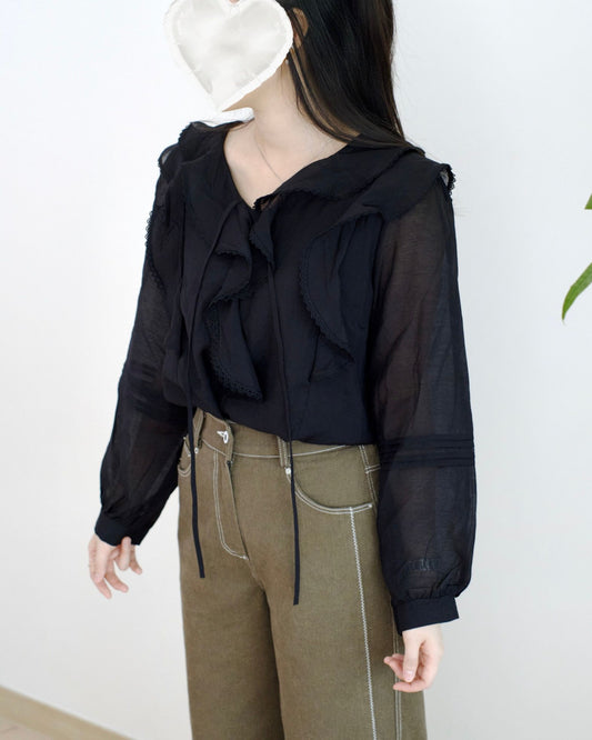 韓國輕透菏葉邊襯衫