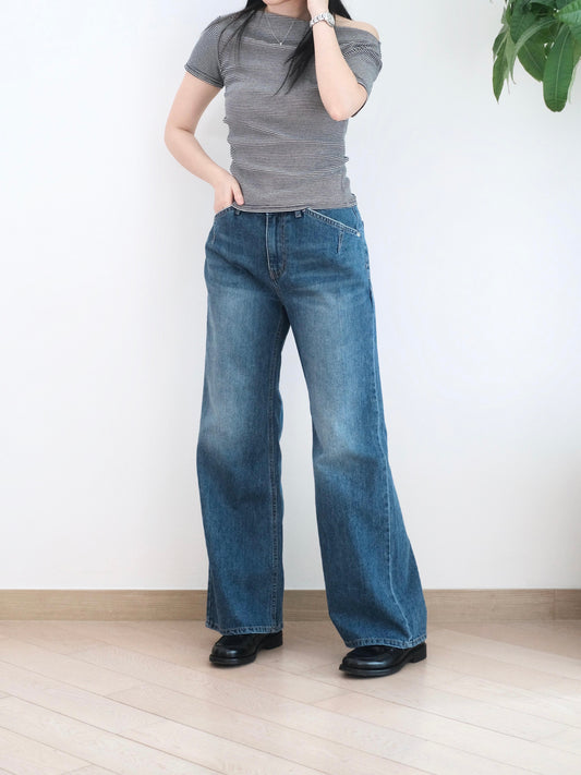 韓國低腰洗水闊筒牛仔褲