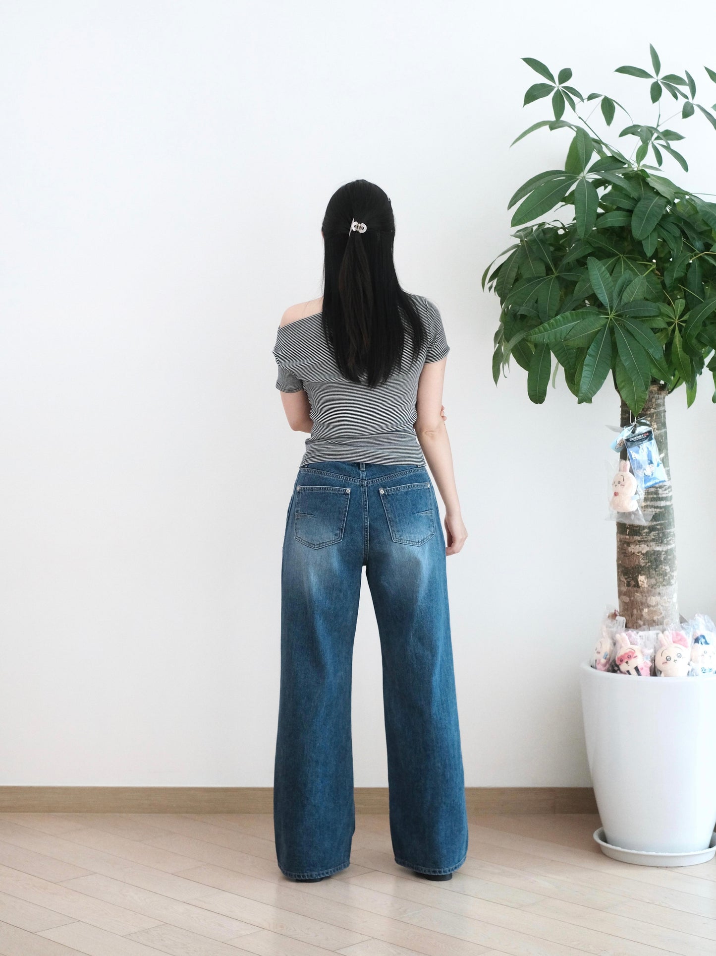 韓國低腰洗水闊筒牛仔褲