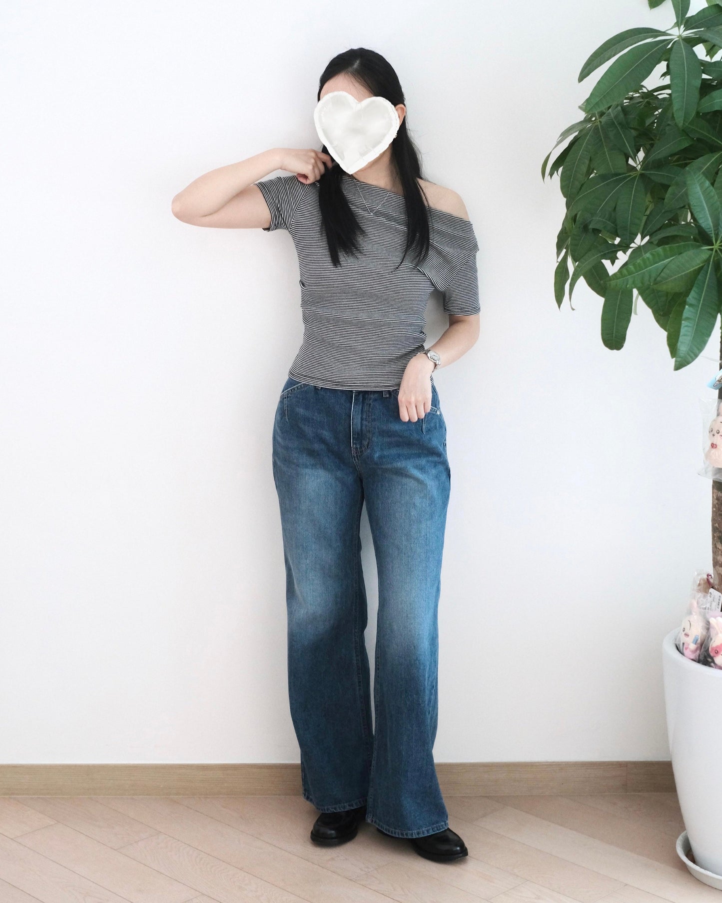 韓國低腰洗水闊筒牛仔褲