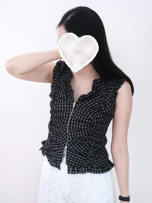 韓國格仔皺褶背心