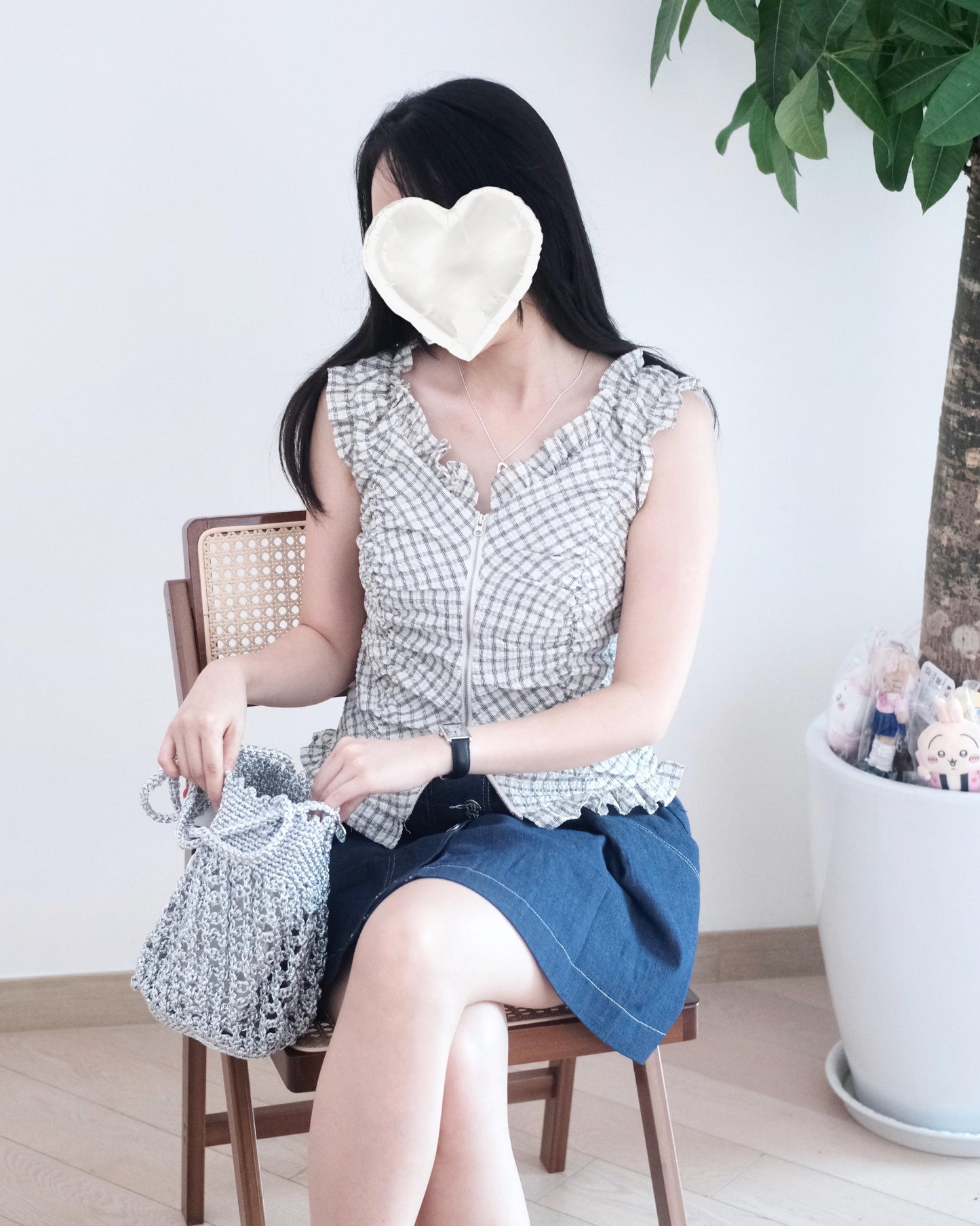 韓國格仔皺褶背心