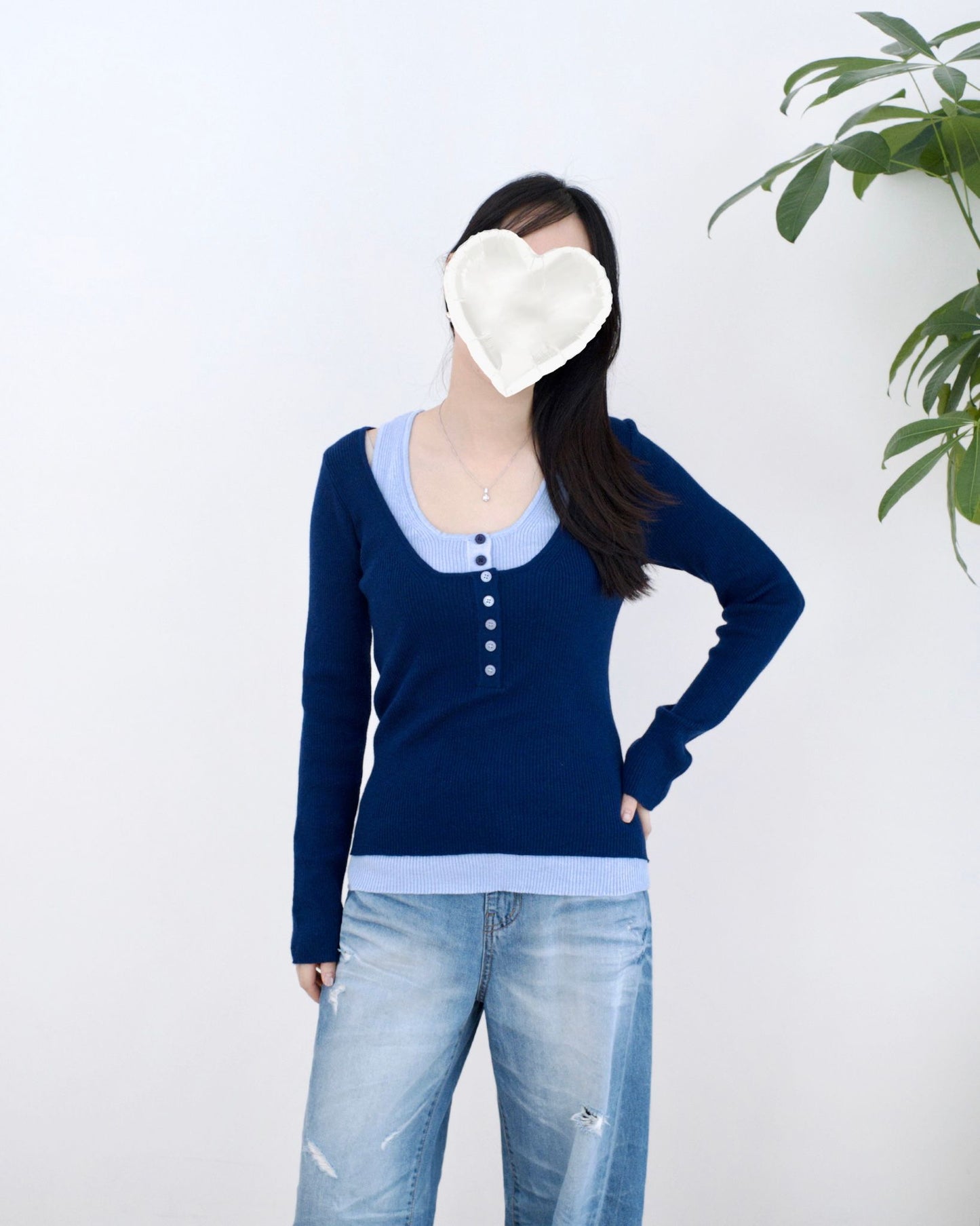 韓國併色假兩件Top