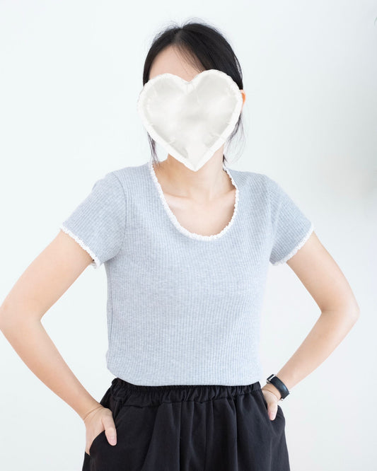 韓國坑紋撞Lace花邊Tee