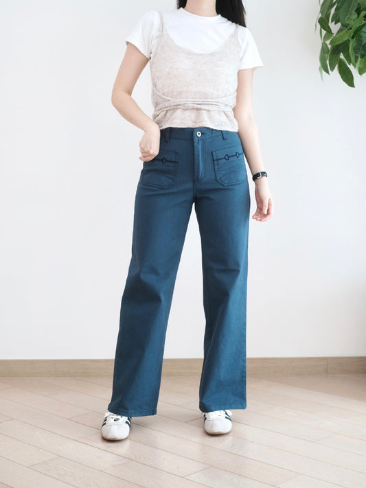 Eltoo 刺繡口袋直筒扯布褲