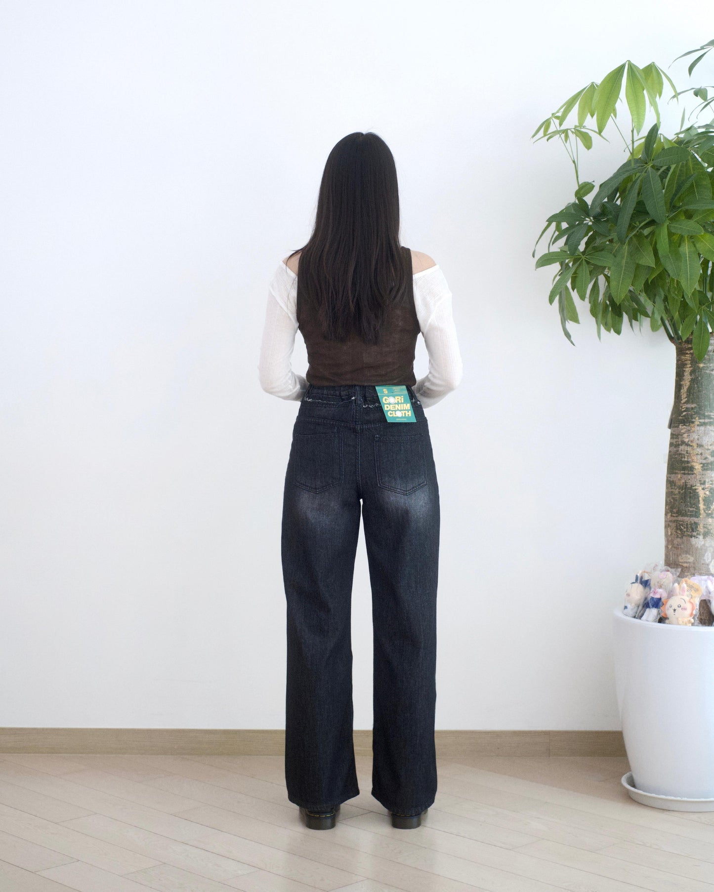 Gori 黑色洗水拼接牛仔褲