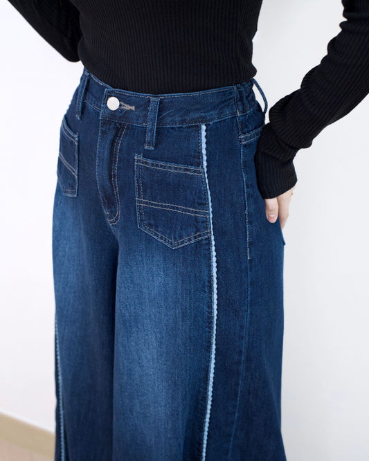 Gori Lace花邊闊筒九分牛仔褲