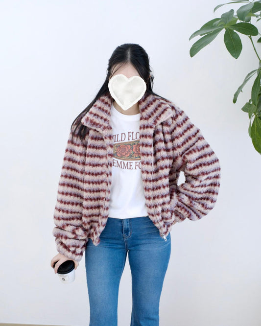 韓國毛毛條紋外套