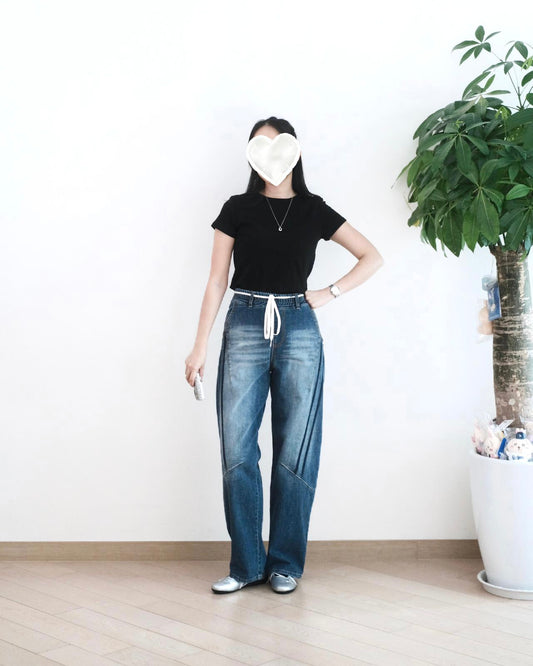 Howluk 拼接條紋藍色牛仔褲