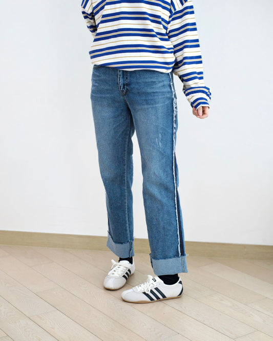 Howluk 拼接邊摺腳牛仔褲