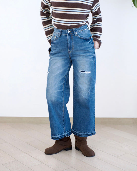 Howluk 洗水微破洞闊筒牛仔褲