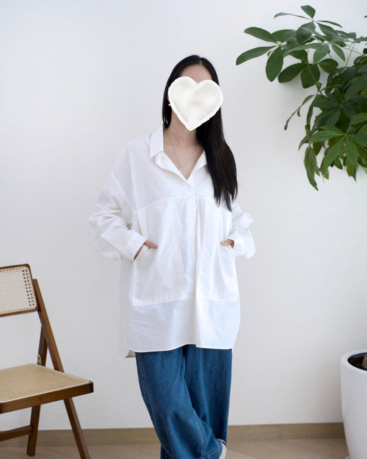 韓國大口袋長袖白裇衫
