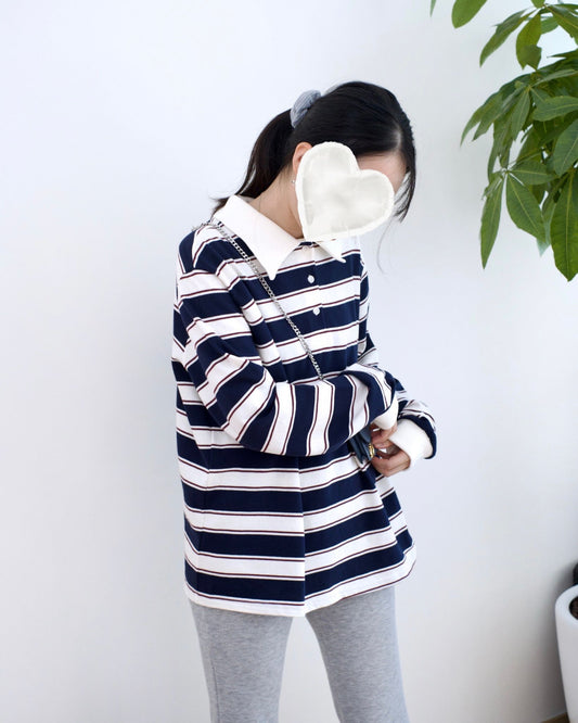 韓國薄條紋長袖Polo