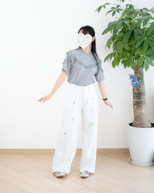 韓國心心刺繡闊腳休閑褲