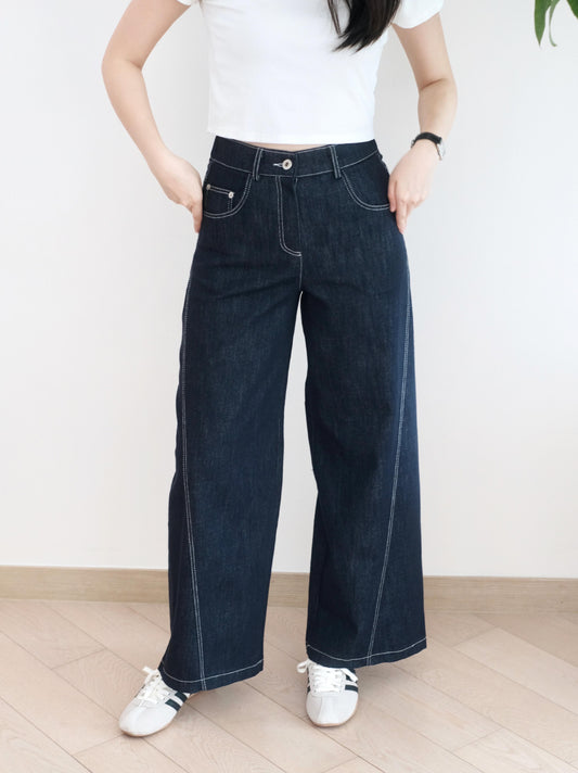 Moci 斜骨闊腳牛仔褲