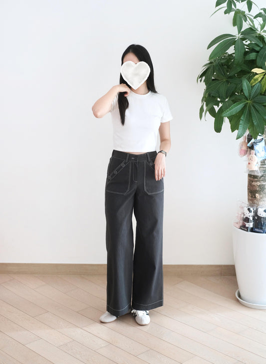 Moci 鈕扣口袋直筒扯布褲