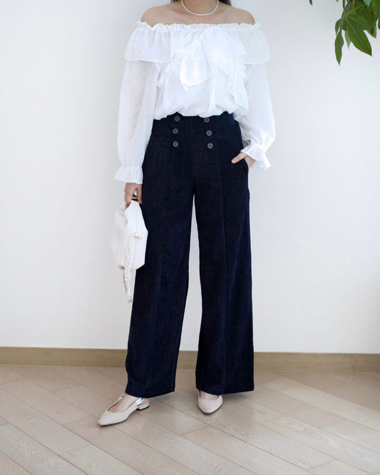 Moci 鈕扣闊筒扯布褲︎