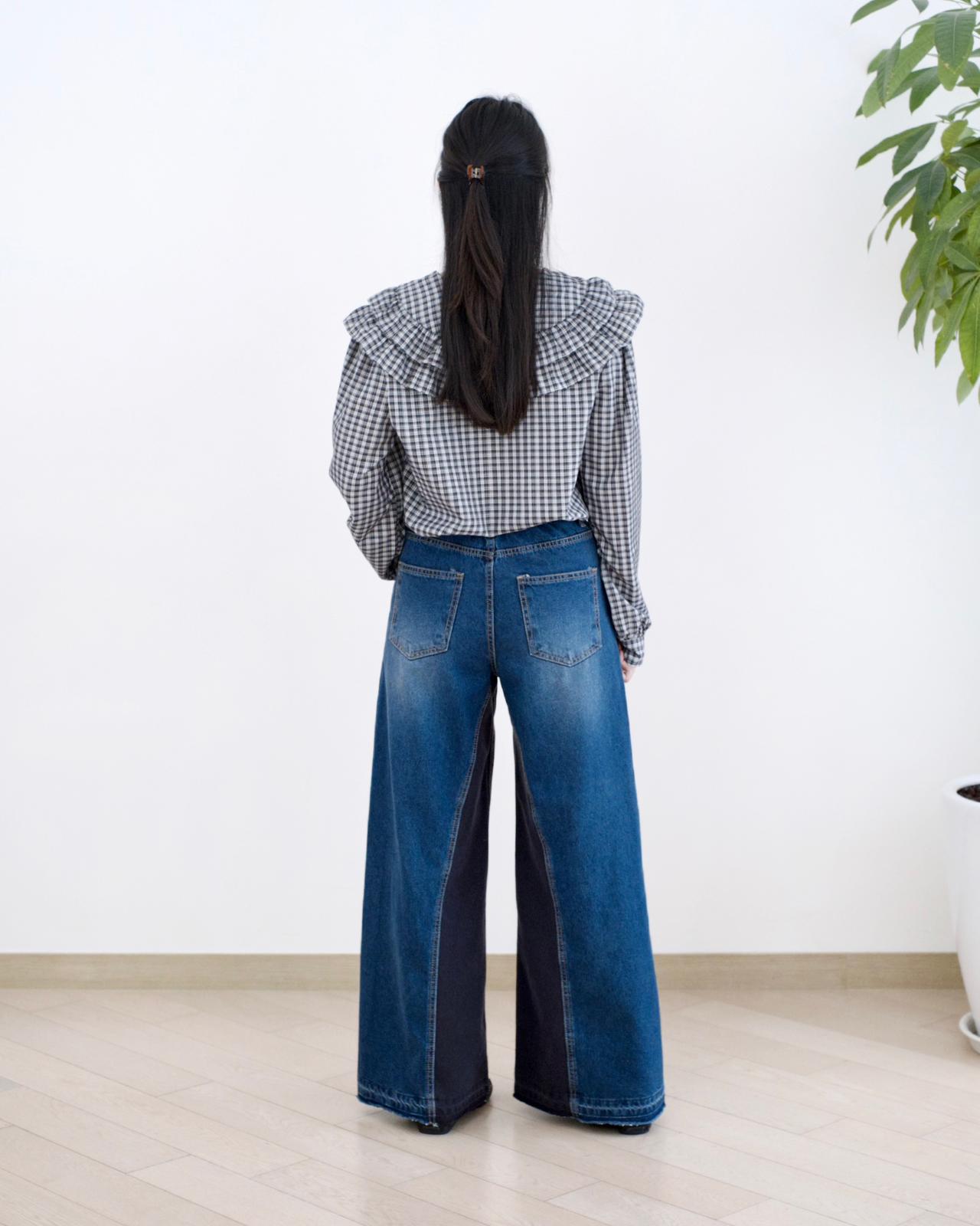 Moci 內側併接闊筒牛仔褲