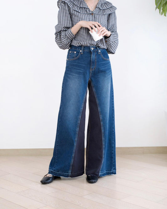 Moci 內側併接闊筒牛仔褲