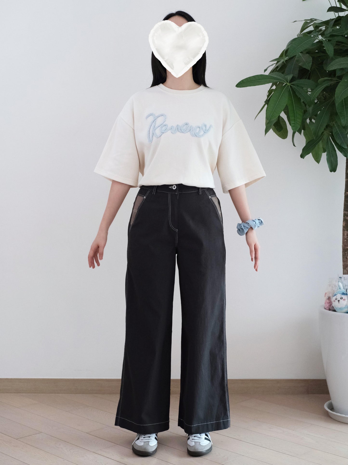 Moci 口袋拼色闊腳扯布褲