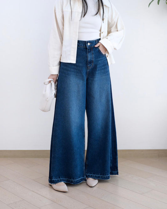 Moci 撞色併邊闊筒牛仔褲