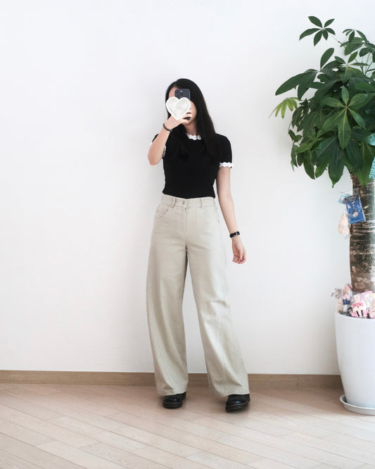 Moci 斜骨明線闊筒扯布褲︎