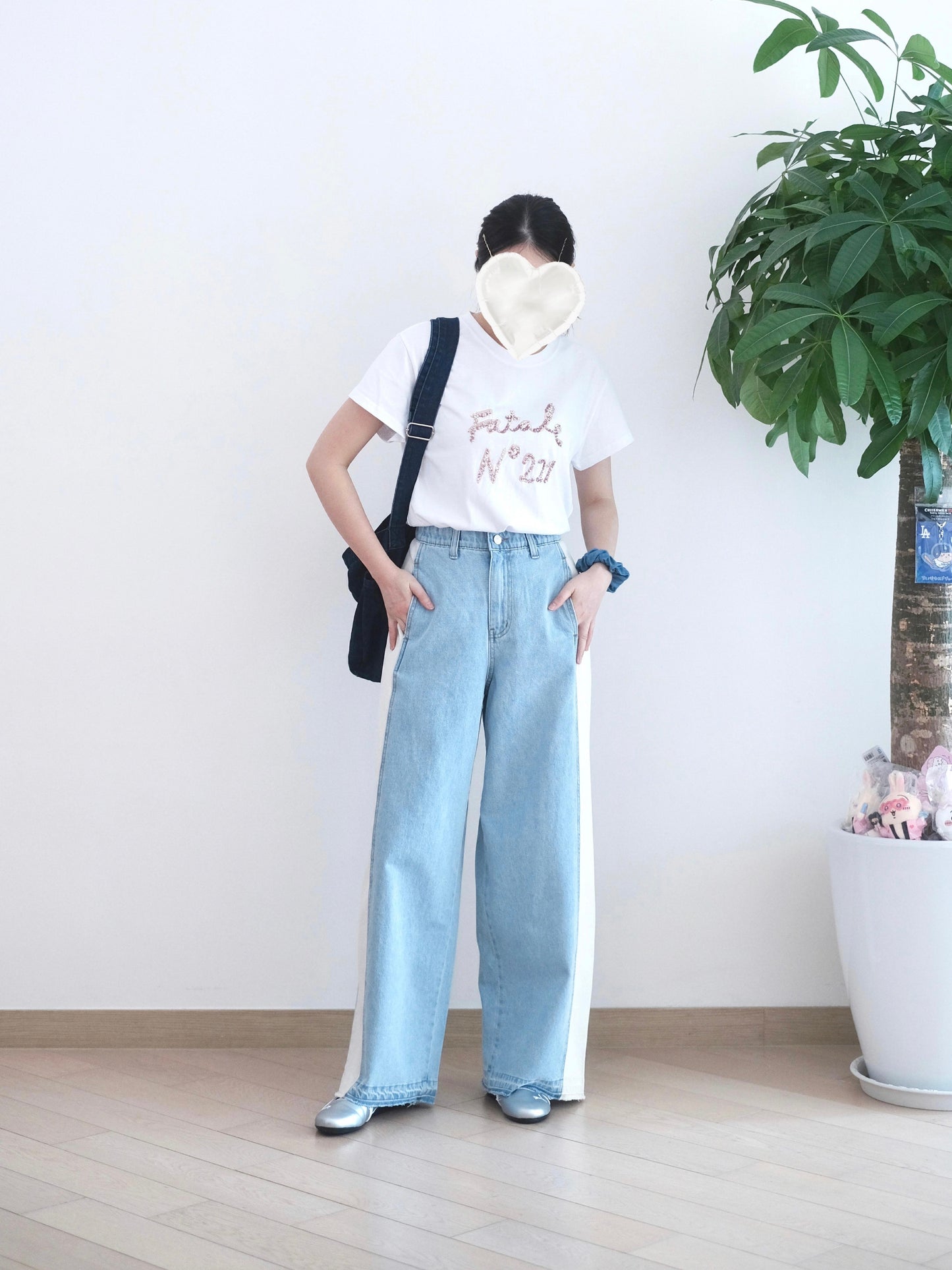 韓國撞色闊筒牛仔褲