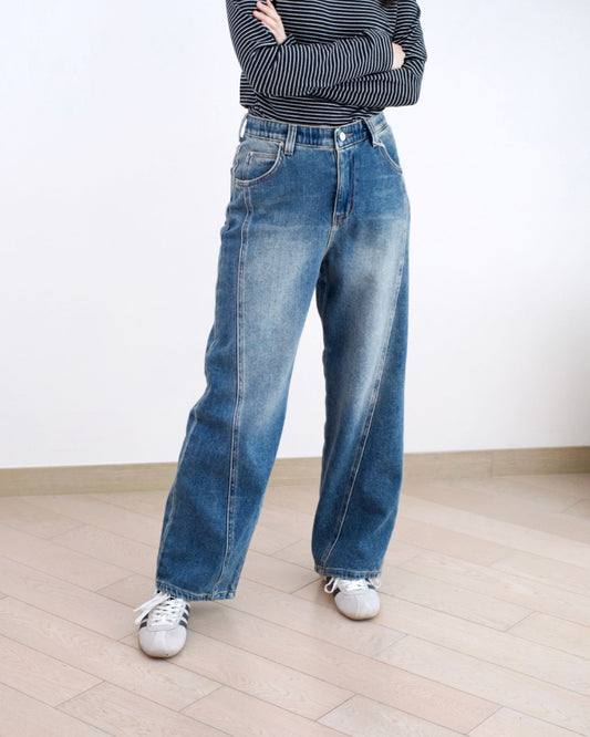 韓國斜車骨洗水直筒牛仔褲