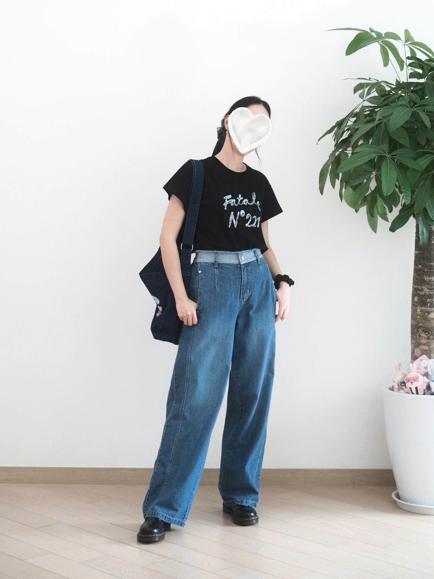 韓國拼邊直筒牛仔褲