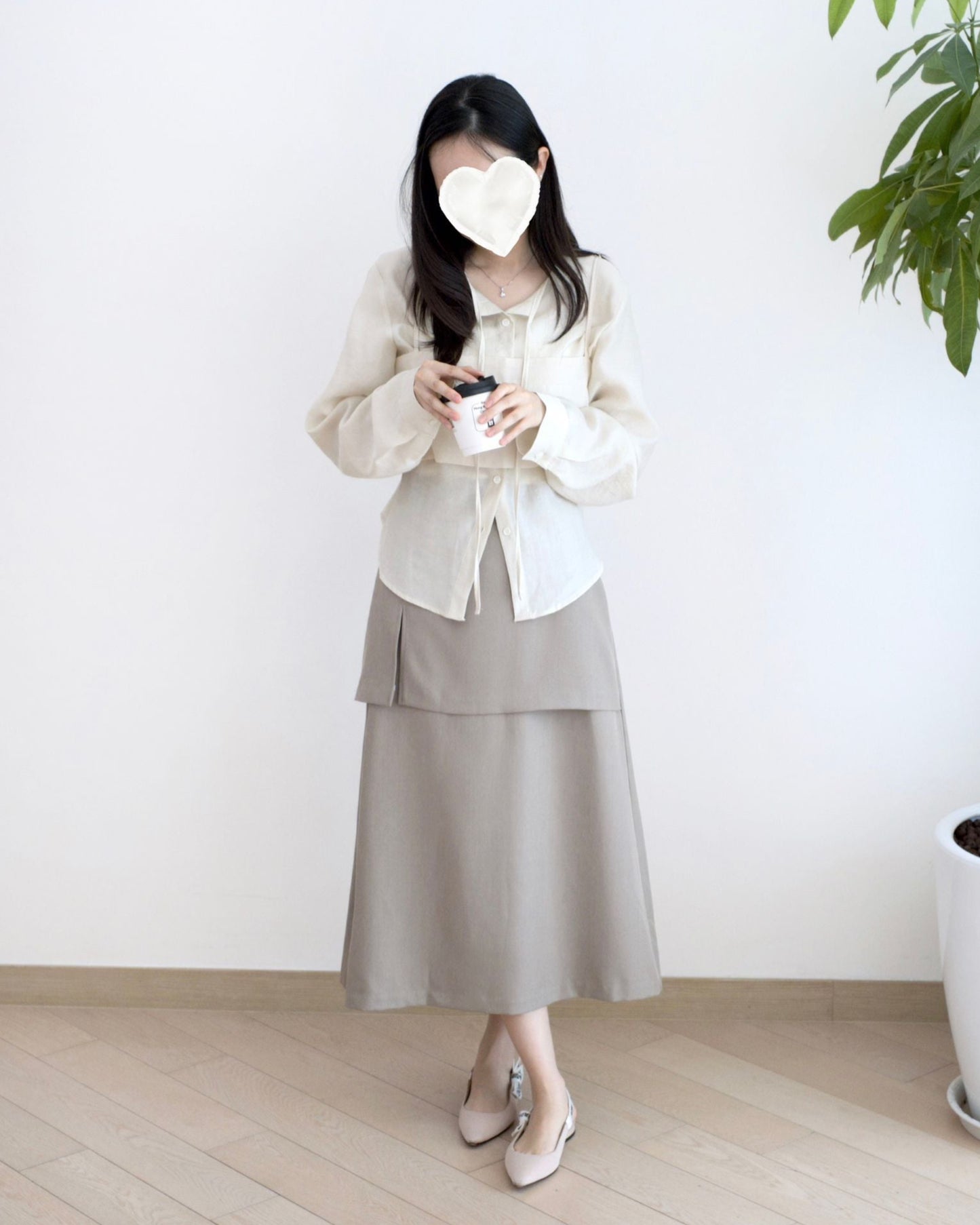 韓國高腰假兩件中長裙