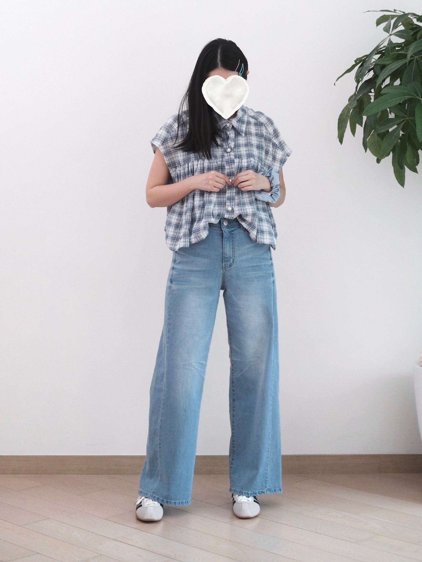 韓國側拼接直筒牛仔褲