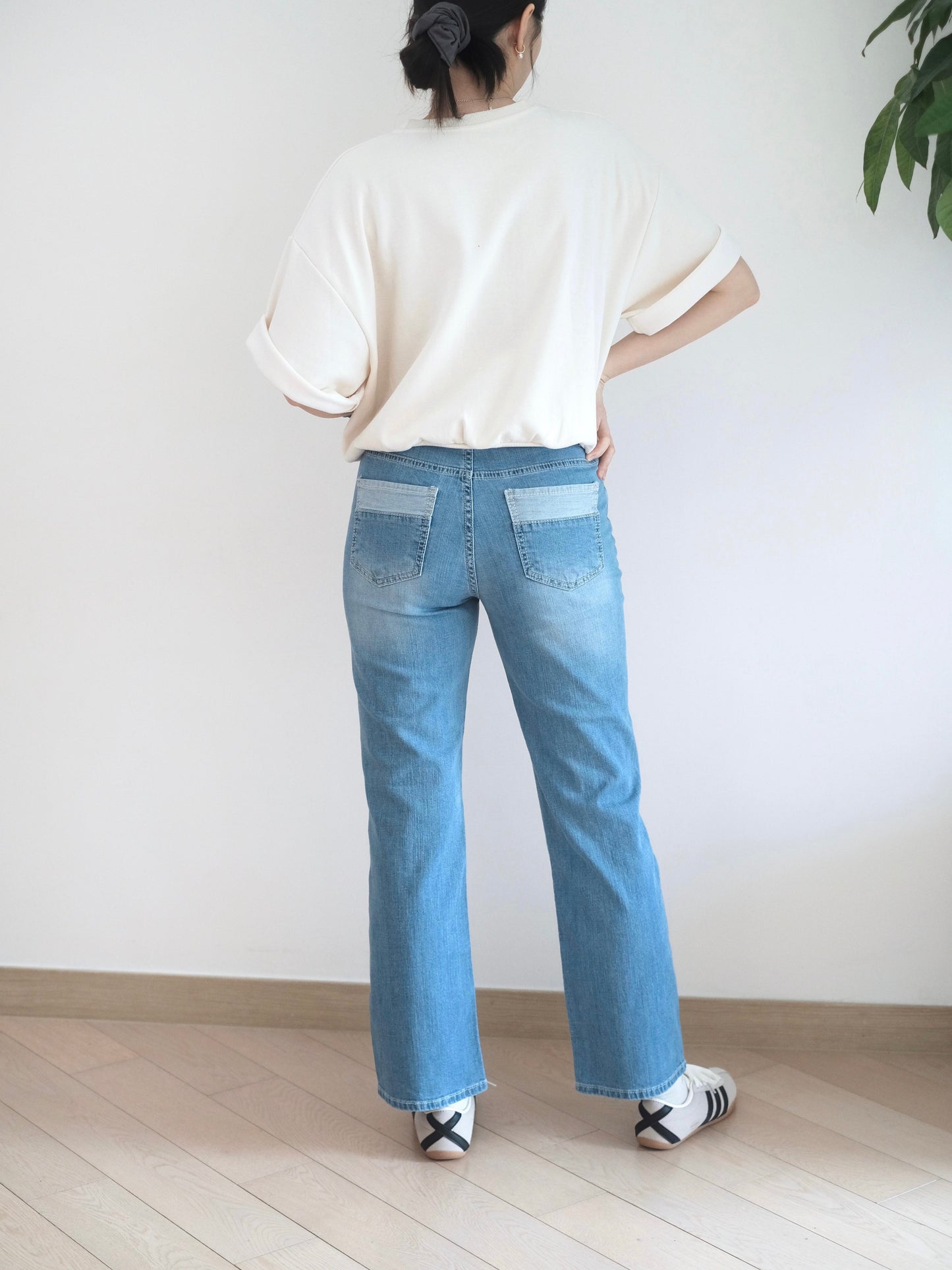 韓國拼邊直腳牛仔褲