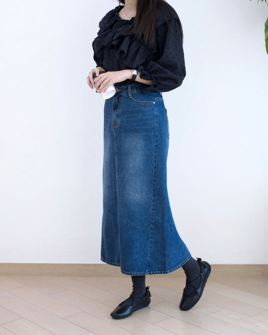 Vikini 中長洗水牛仔裙