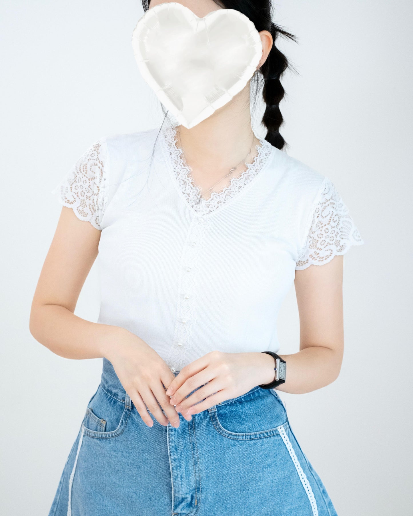 V領針織Lace手袖Top