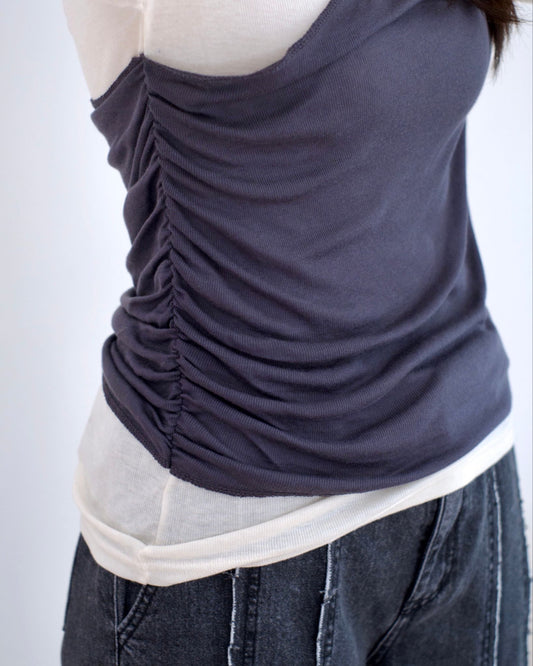 韓國圓領拼色假兩件長裇Tee