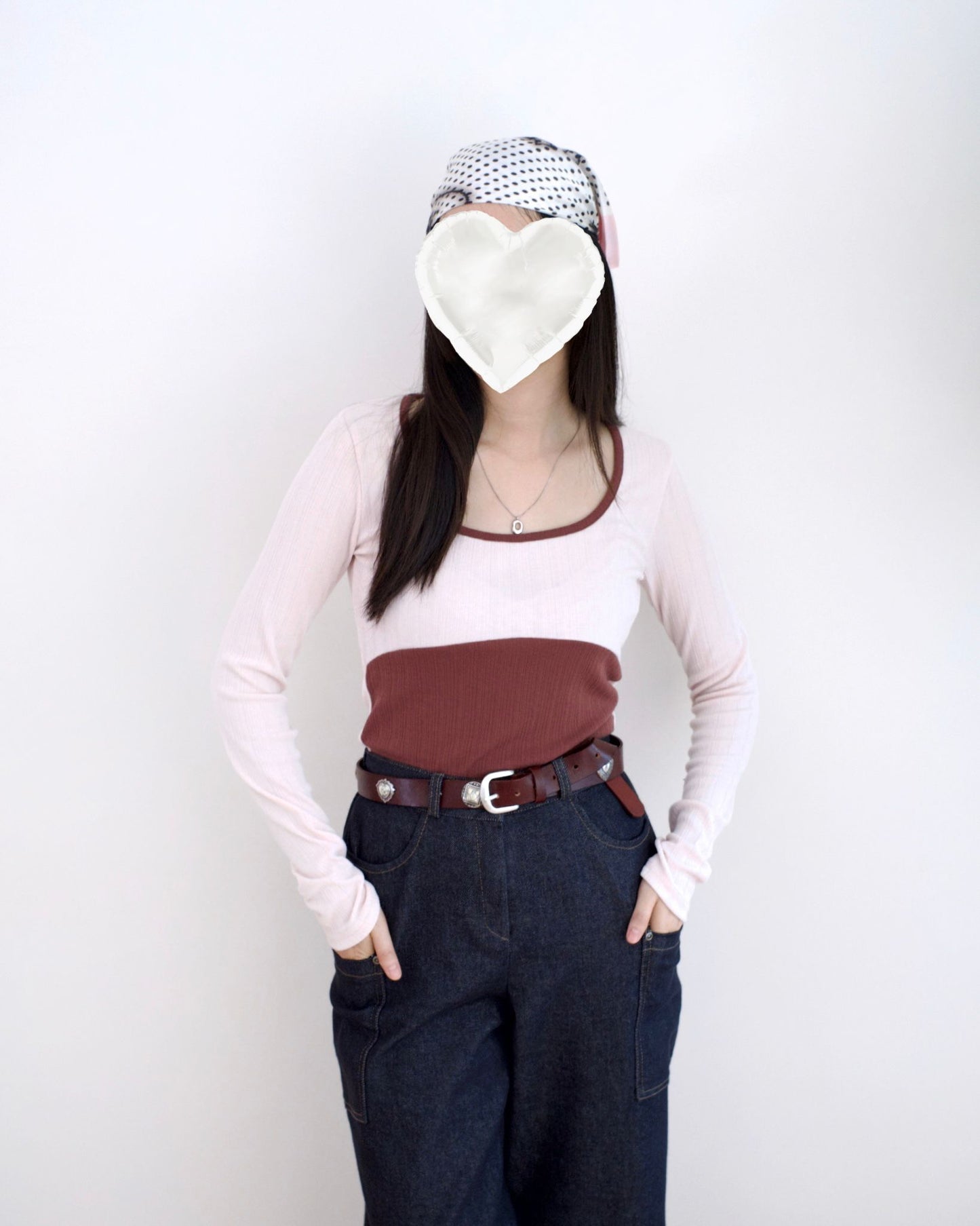 韓國小U領拼色Tee