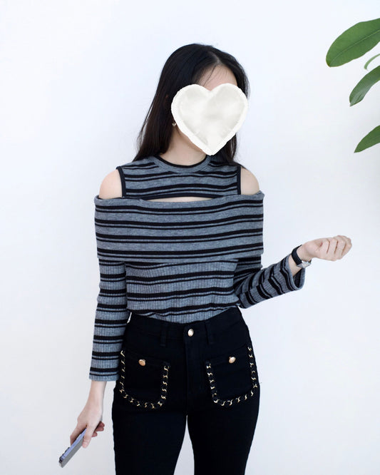 韓國露肩條紋長袖Top