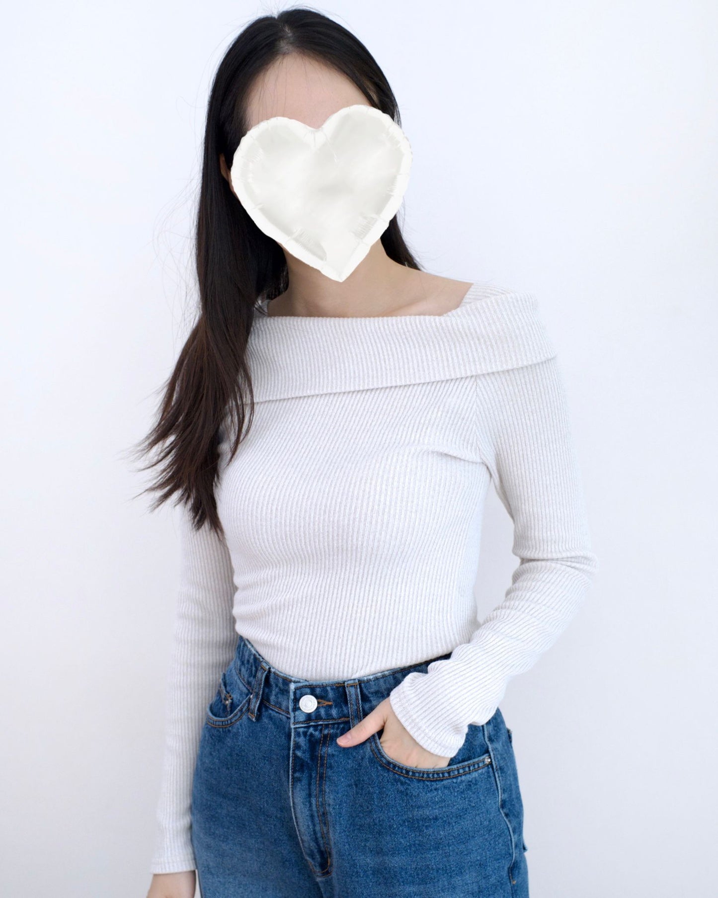 韓國斜肩淨色Top