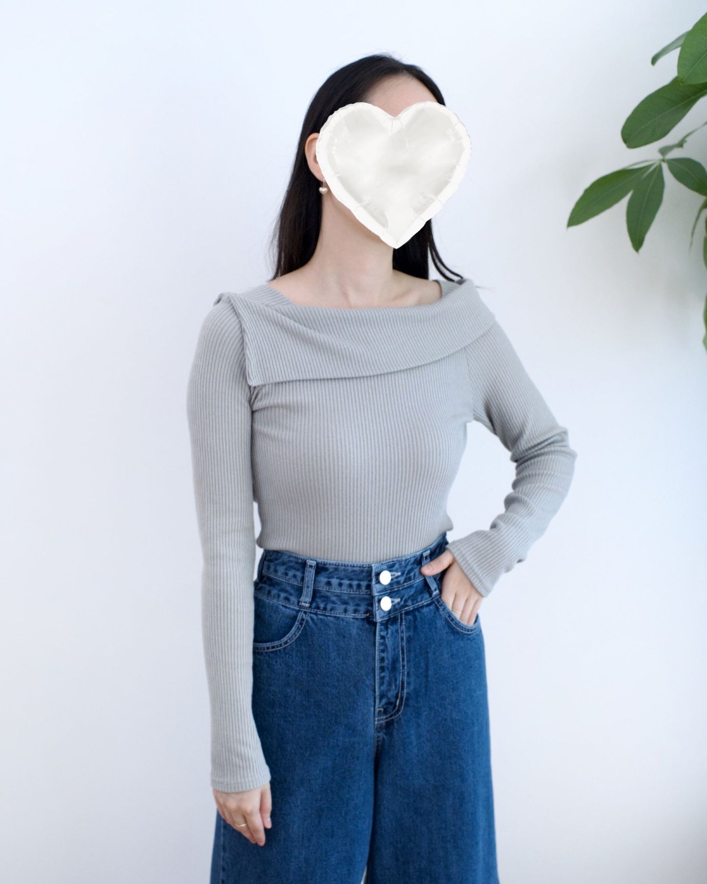 韓國斜肩淨色Top