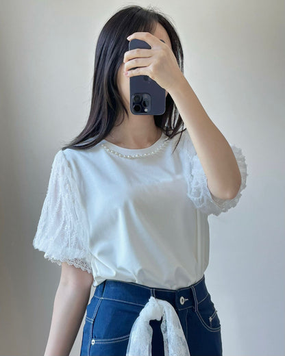 韓國珍珠併Lace透紗 Top