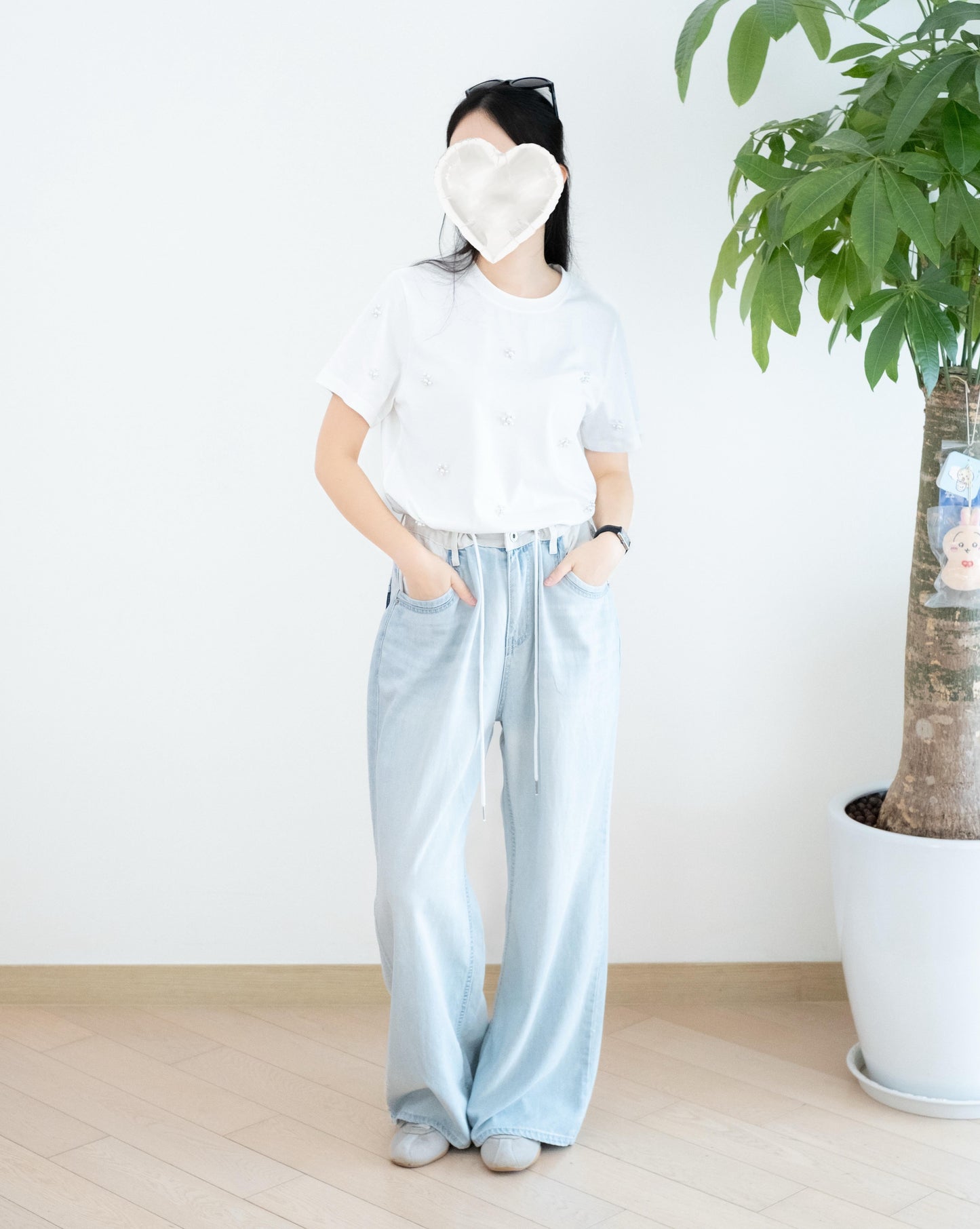 高腰拼邊束腰闊筒牛仔褲