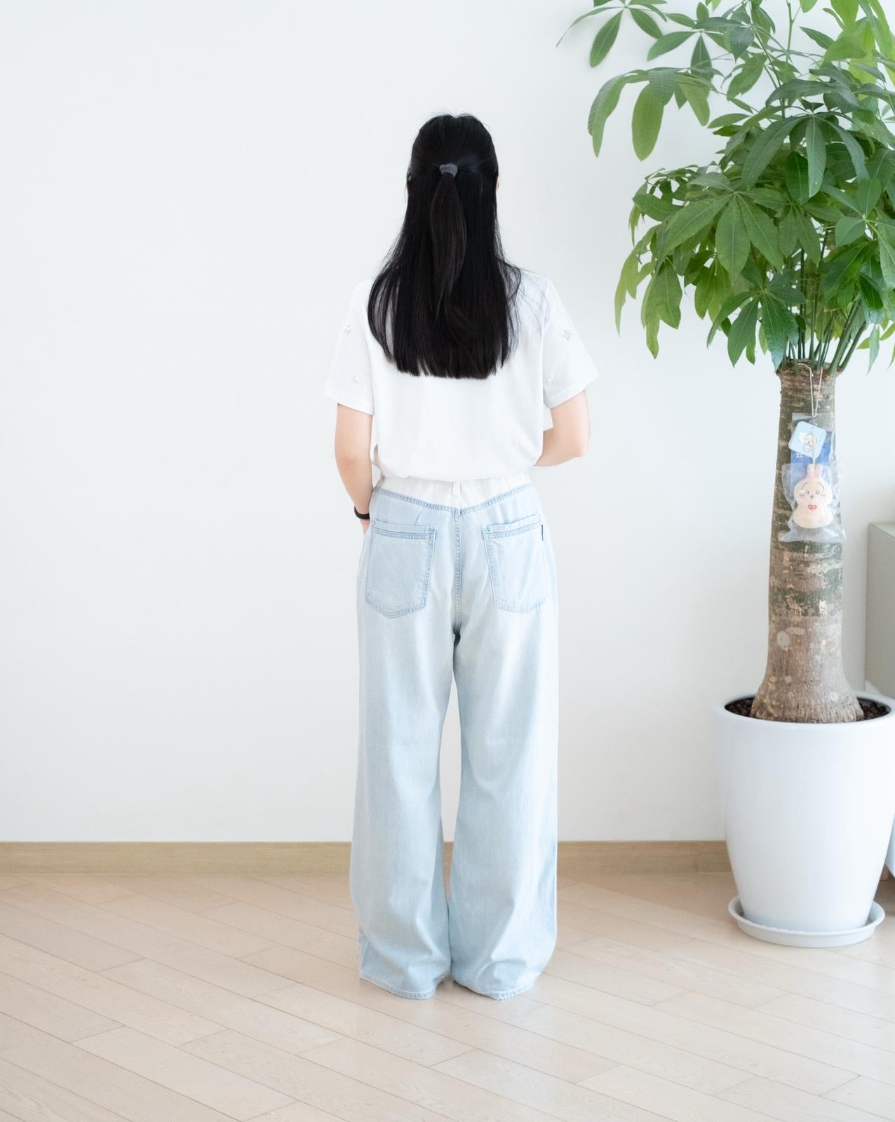 高腰拼邊束腰闊筒牛仔褲