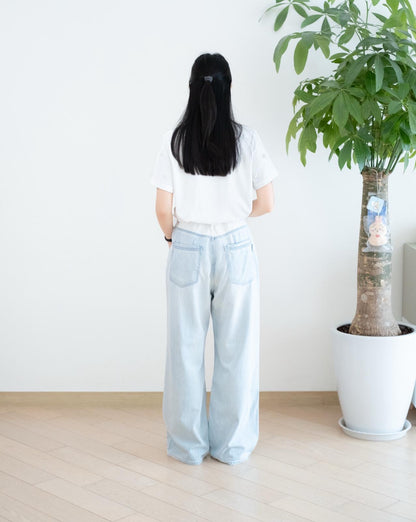 高腰拼邊束腰闊筒牛仔褲