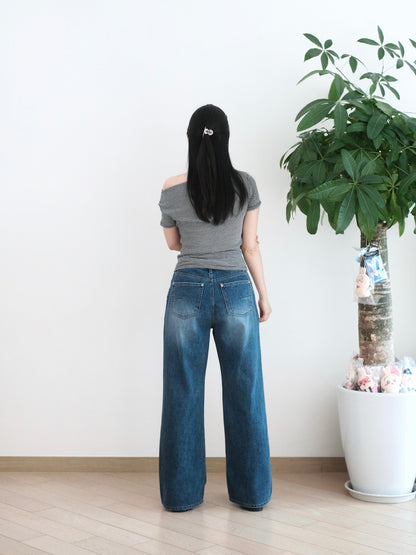 韓國低腰洗水闊筒牛仔褲