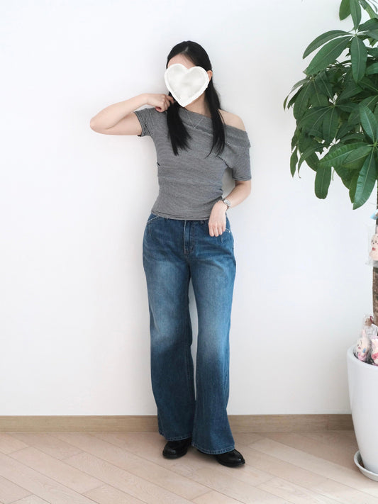 韓國低腰洗水闊筒牛仔褲