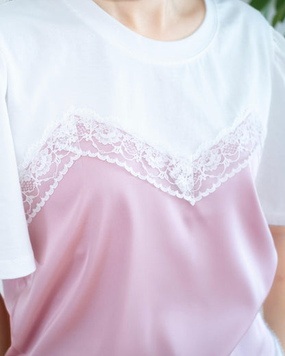 韓國緞面Lace假兩件Tee
