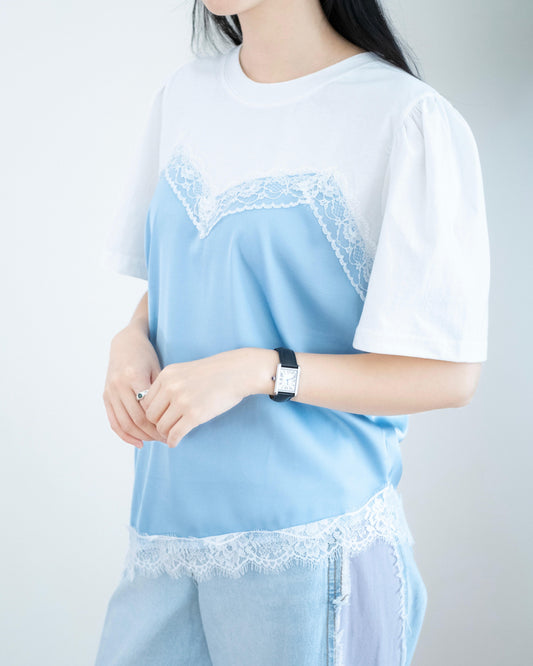 韓國緞面Lace假兩件Tee