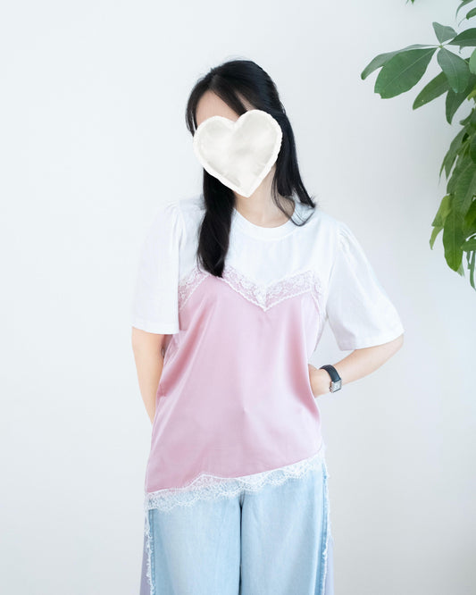韓國緞面Lace假兩件Tee