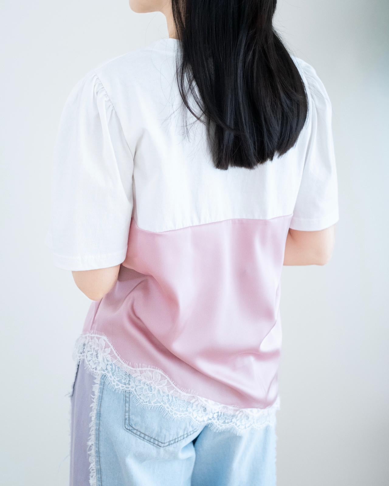 韓國緞面Lace假兩件Tee