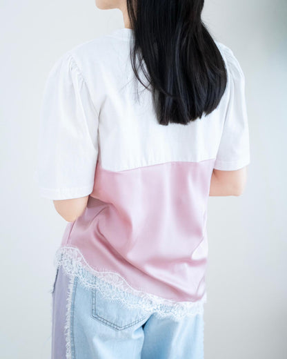 韓國緞面Lace假兩件Tee